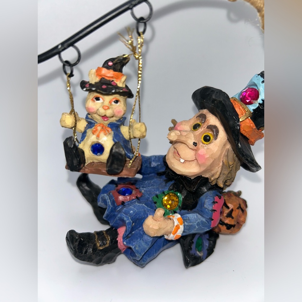 Vintage Halloween Witch Cat Ghost Pumpkin Swing Hook Figurine